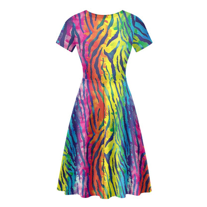 Rainbow Animal Print Women Scoop Neck Short Sleeve Ruffle Dress