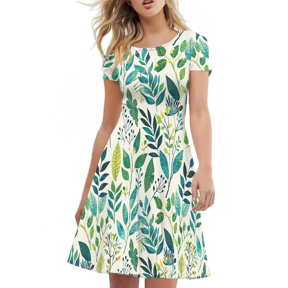 Women Scoop Neck Short Sleeve Ruffle Dress