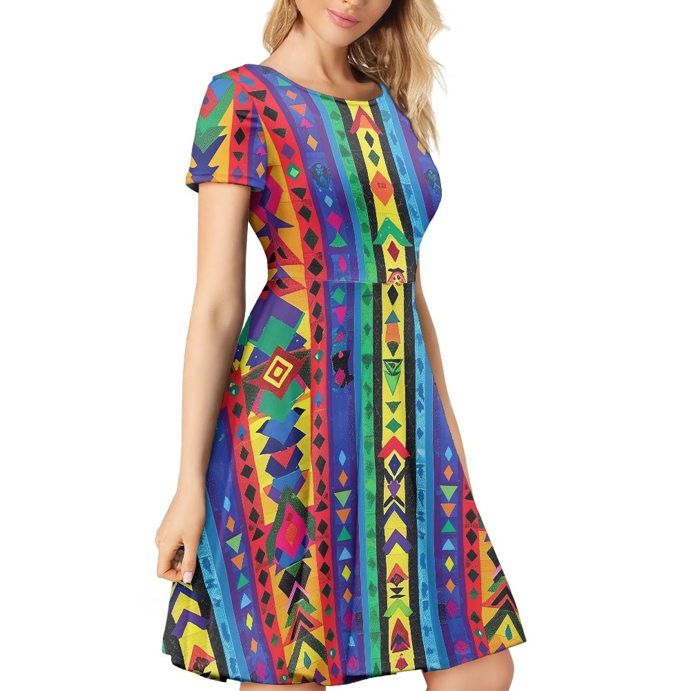Women Scoop Neck Short Sleeve Ruffle Dress