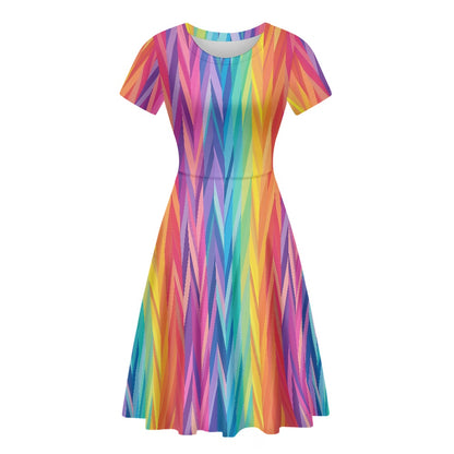 Rainbow Chevron Women Scoop Neck Short Sleeve Ruffle Dress