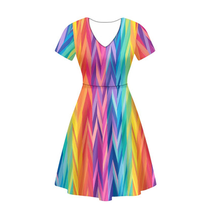 Rainbow Chevrons Women V-Neck Short Sleeve Ruffle Dress white