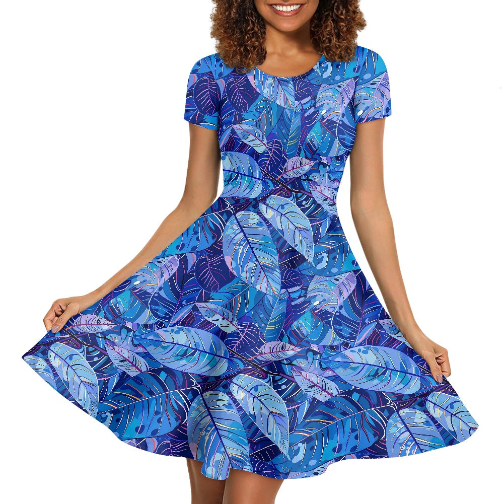Vibrant, Blue, Tropical-print Women Scoop Neck Short Sleeve Ruffle Dress