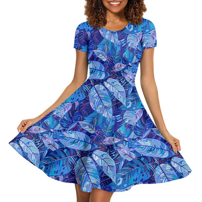 Vibrant, Blue, Tropical-print Women Scoop Neck Short Sleeve Ruffle Dress