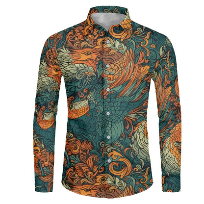 Luxtrini Men’s Dragon and Phoenix Button-Up Dress Shirt – Handcrafted Eco Statement Shirt (XS–6XL) white