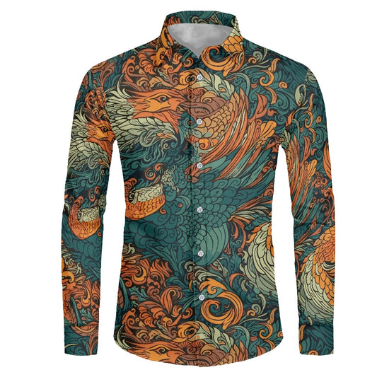 Luxtrini Men’s Dragon and Phoenix Button-Up Dress Shirt – Handcrafted Eco Statement Shirt (XS–6XL) white
