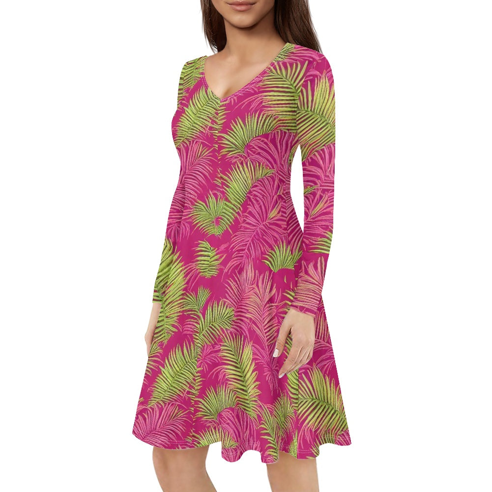 V-Neck Long Sleeve Ruffle Dress