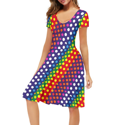 LGBTQ-Friendly Rainbow Polka Dot V-Neck Women Short Sleeve Ruffle Dress by Luxtrini