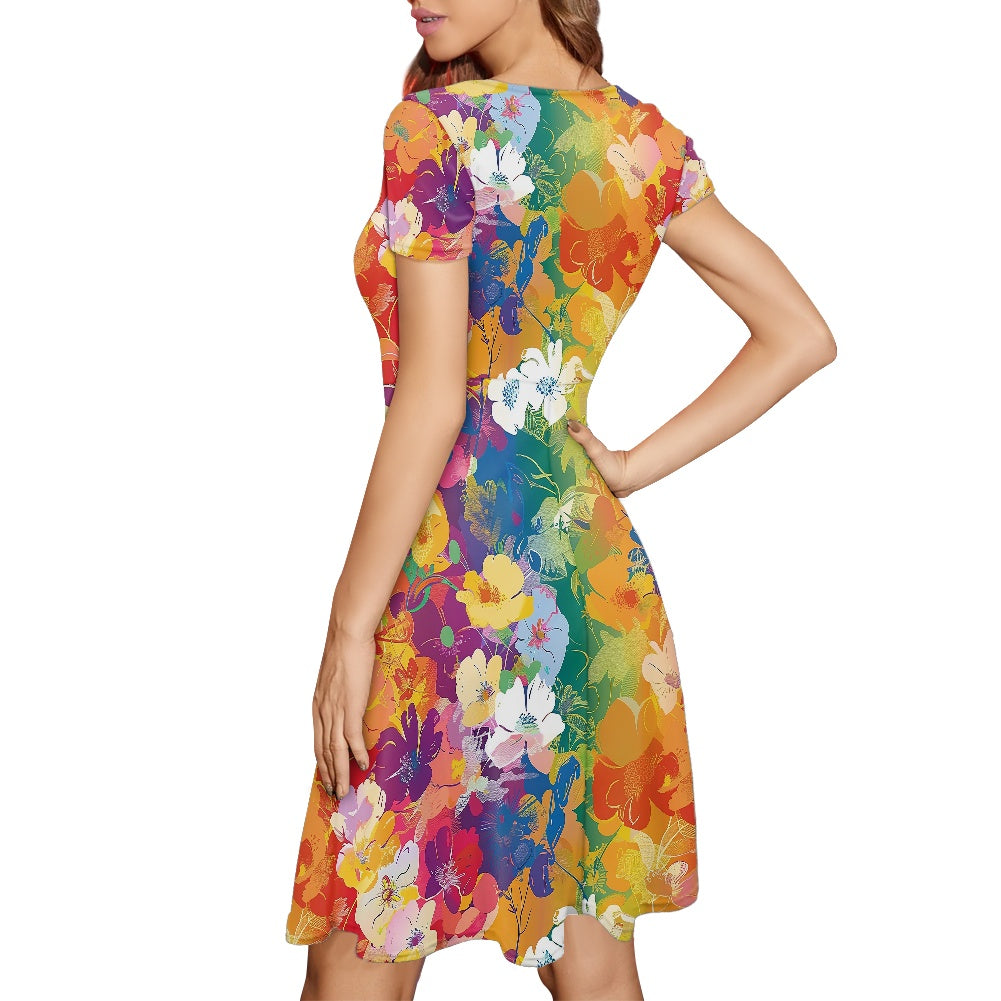 Women Scoop Neck Short Sleeve Ruffle Dress