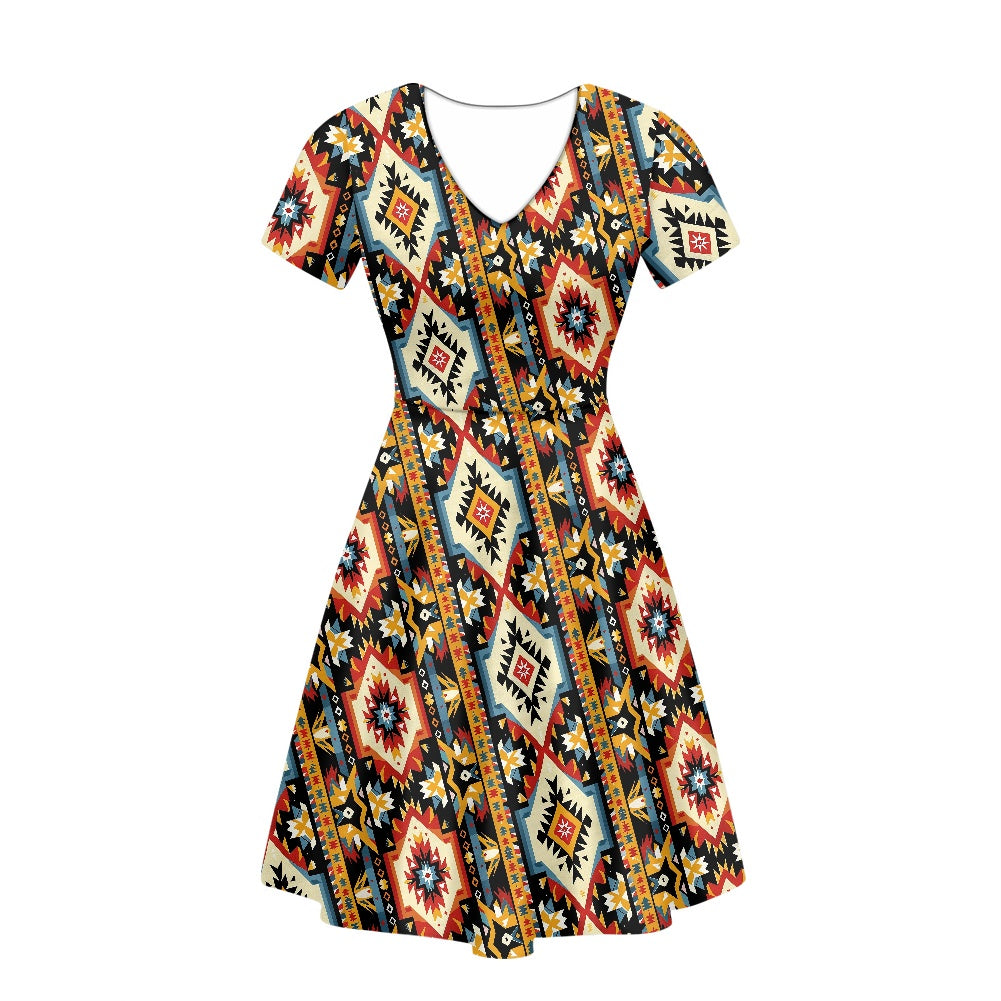 Women V-Neck Short Sleeve Ruffle Dress white