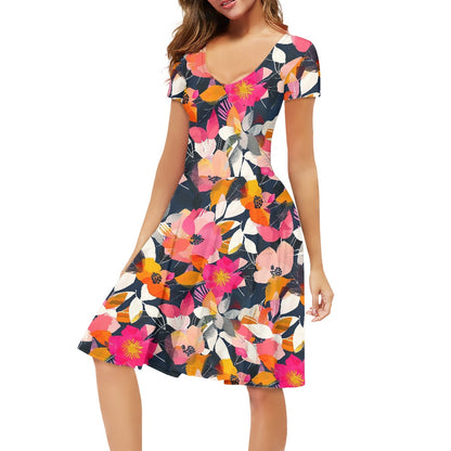 Women V-Neck Short Sleeve Ruffle Dress