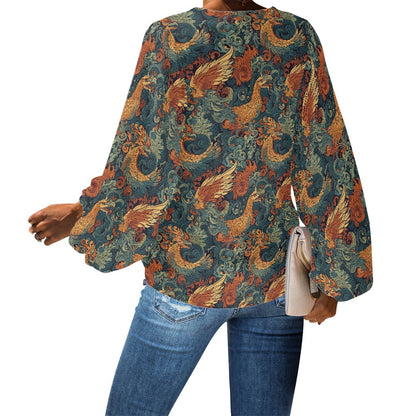 V-Neck Puff Sleeve Chiffon Blouse