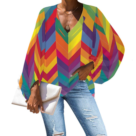 V-Neck Chiffon Puff Sleeve Blouse by Luxtrini 4XL