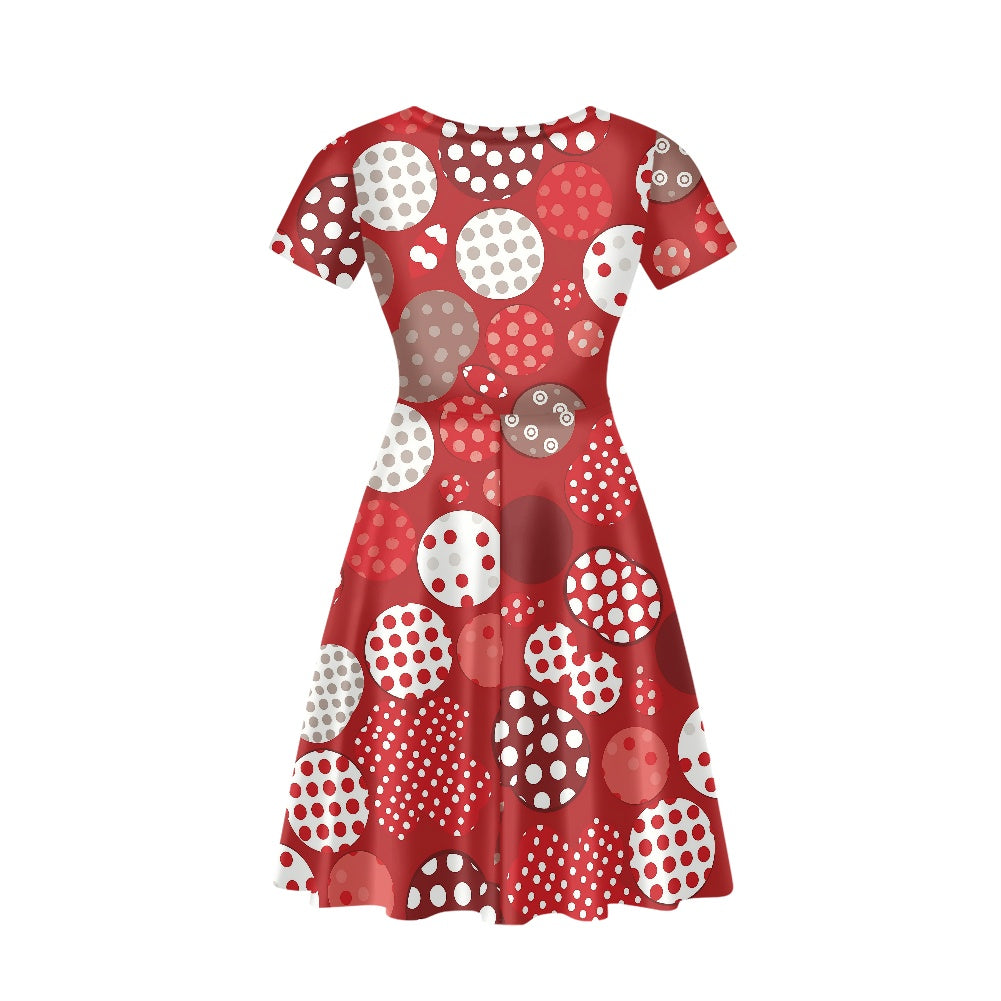 Retro Polka Dot Red Fit & Flare V-Neck Dress – Vintage-Inspired Party Dress