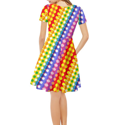 Rainbow Polka Dot Women V-Neck Short Sleeve Ruffle Dress