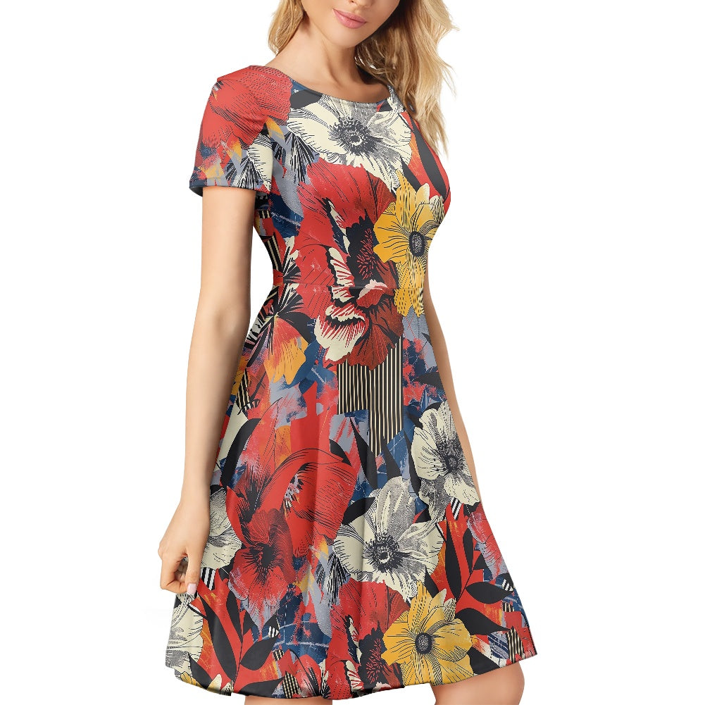 Women Scoop Neck Short Sleeve Ruffle Dress