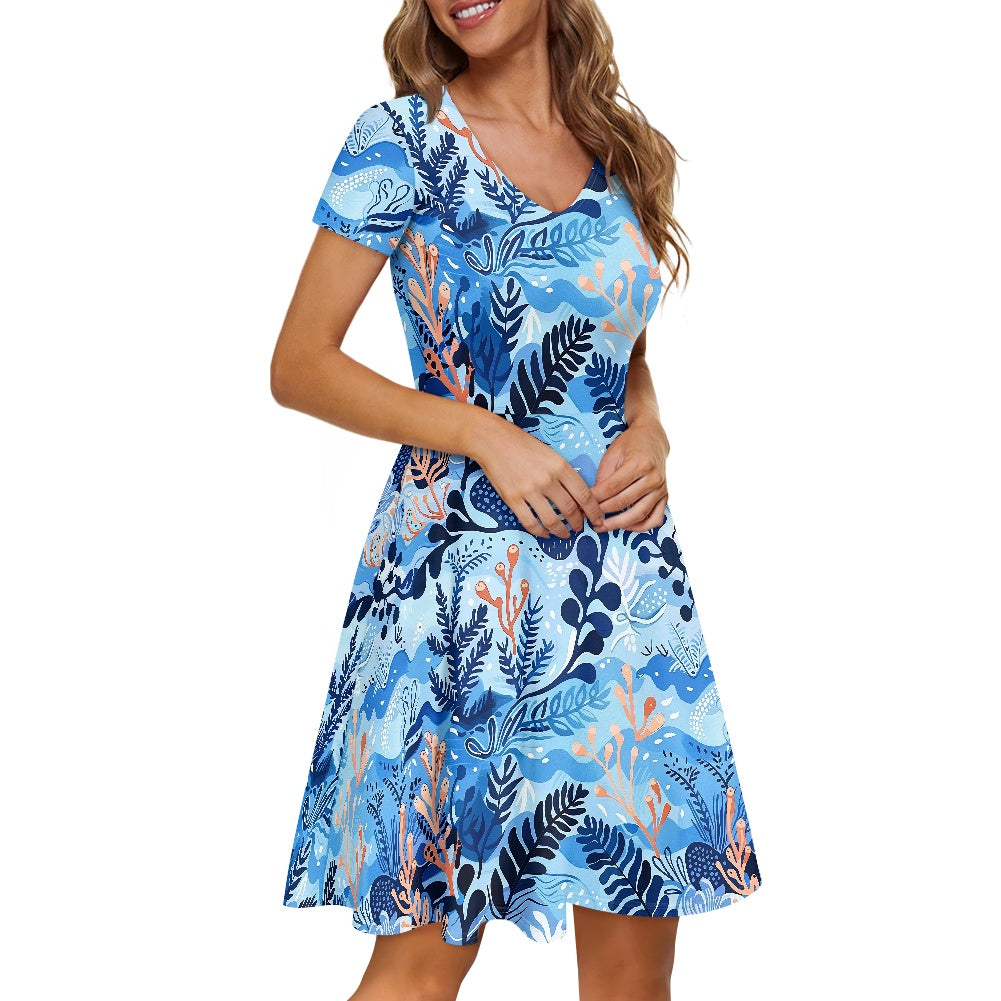 Women V-Neck Short Sleeve Ruffle Dress