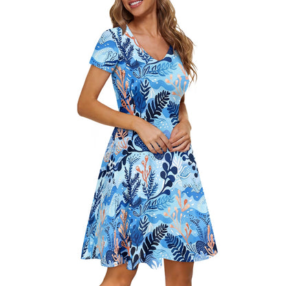 Women V-Neck Short Sleeve Ruffle Dress