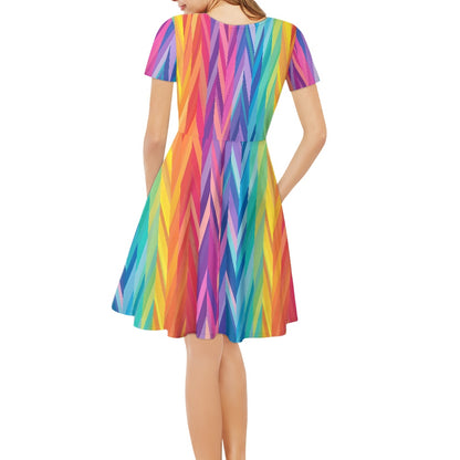 Rainbow Chevrons Women V-Neck Short Sleeve Ruffle Dress