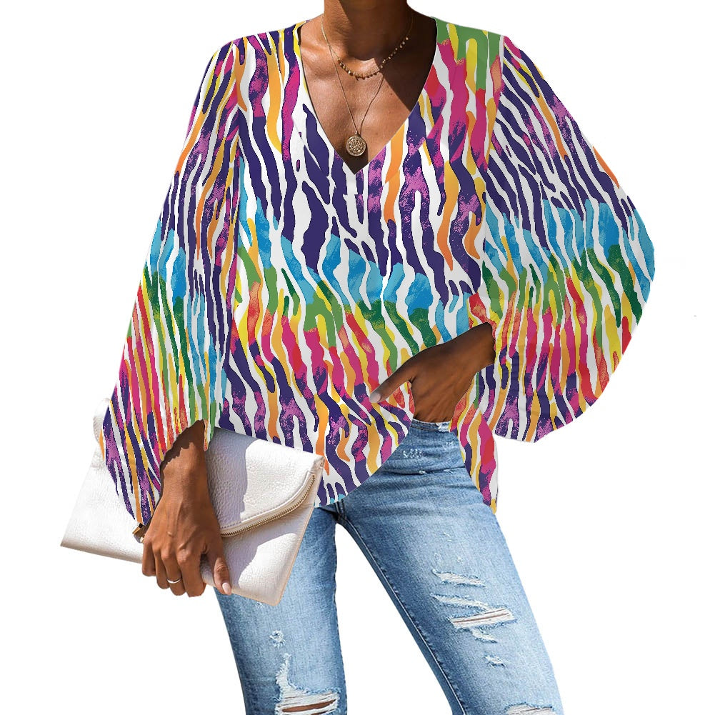 V-Neck Chiffon Puff Sleeve Blouse by Luxtrini 4XL