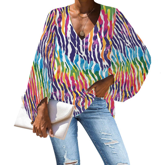 V-Neck Chiffon Puff Sleeve Blouse by Luxtrini 4XL