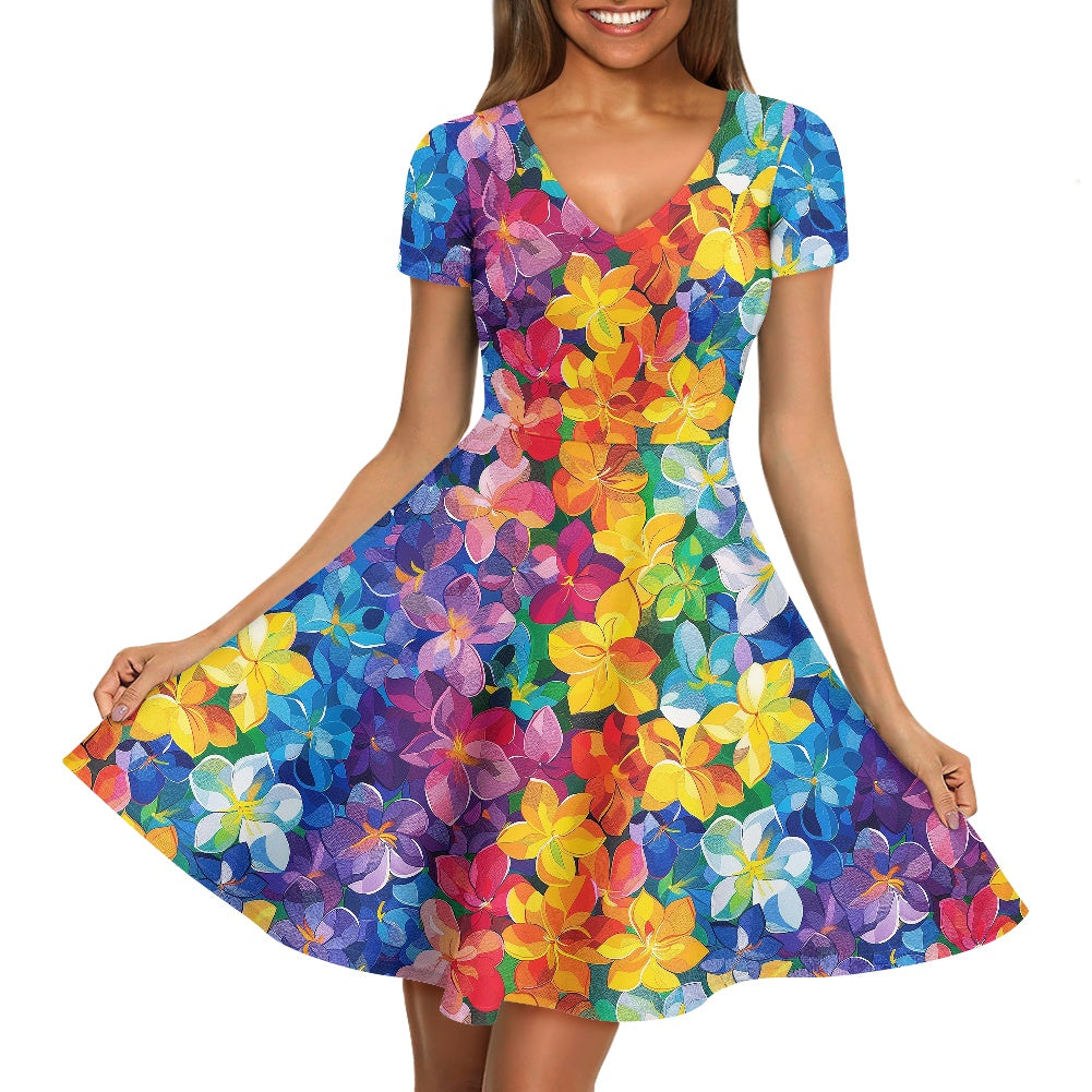 Rainbow Flowers Women V-Neck Short Sleeve Ruffle Dress