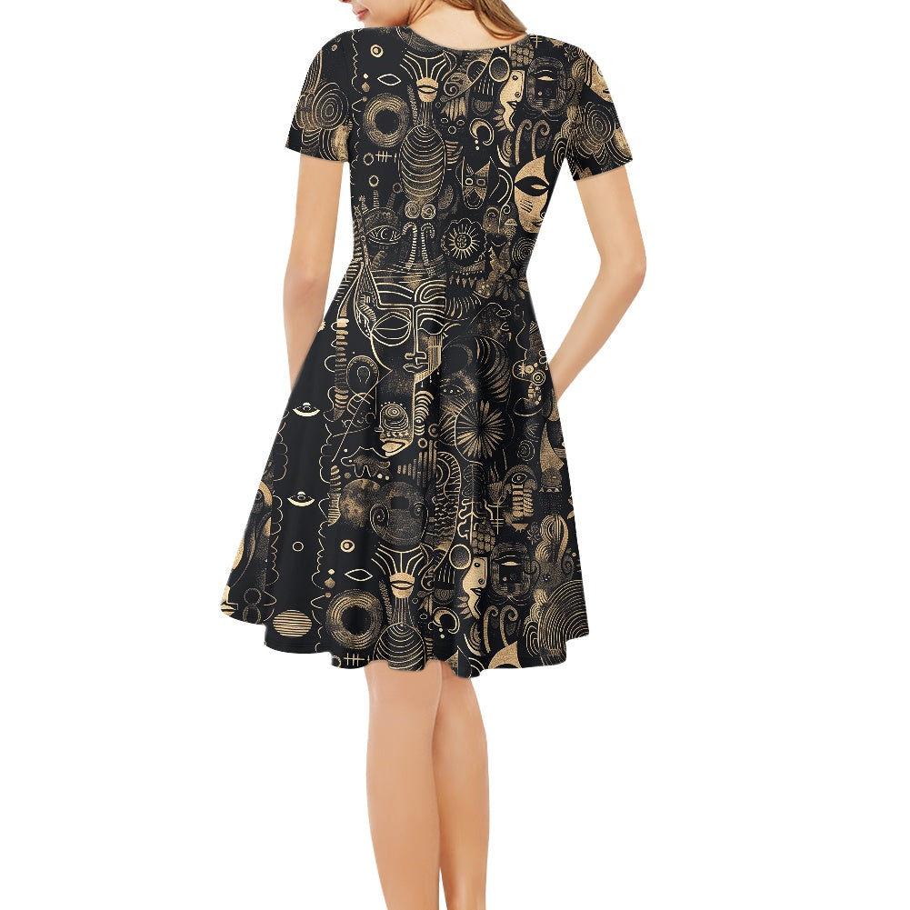 Black and Beige Women V-Neck Short Sleeve Ruffle Dress with Afrofuturism Touches