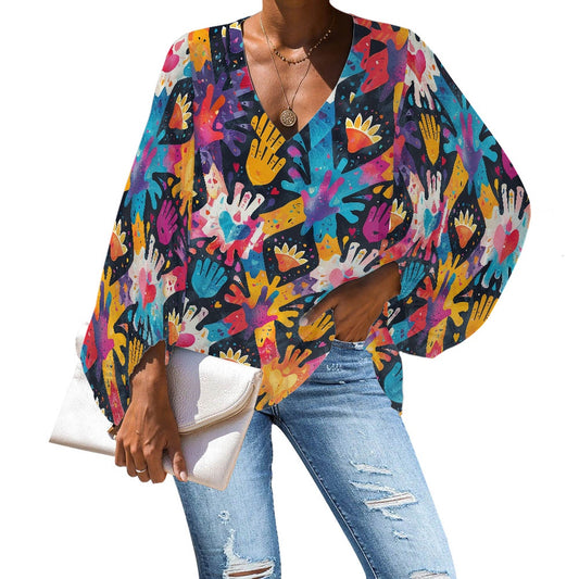 V-Neck Chiffon Puff Sleeve Blouse by Luxtrini 4XL