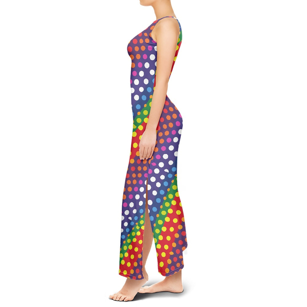 LGBTQ-Friendly Rainbow Polka Dot Round Neck Double Slit Sundress by Luxtrini