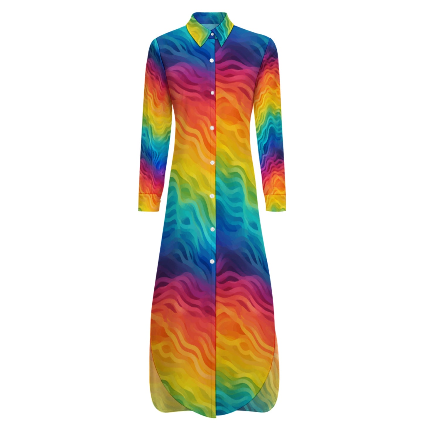 Rainbow Wave Midi Shirt Dress – Bold Abstract Print Long Sleeve Button Down Dress, Lightweight &amp; Flowy for Work, Travel, and Everyday Style white