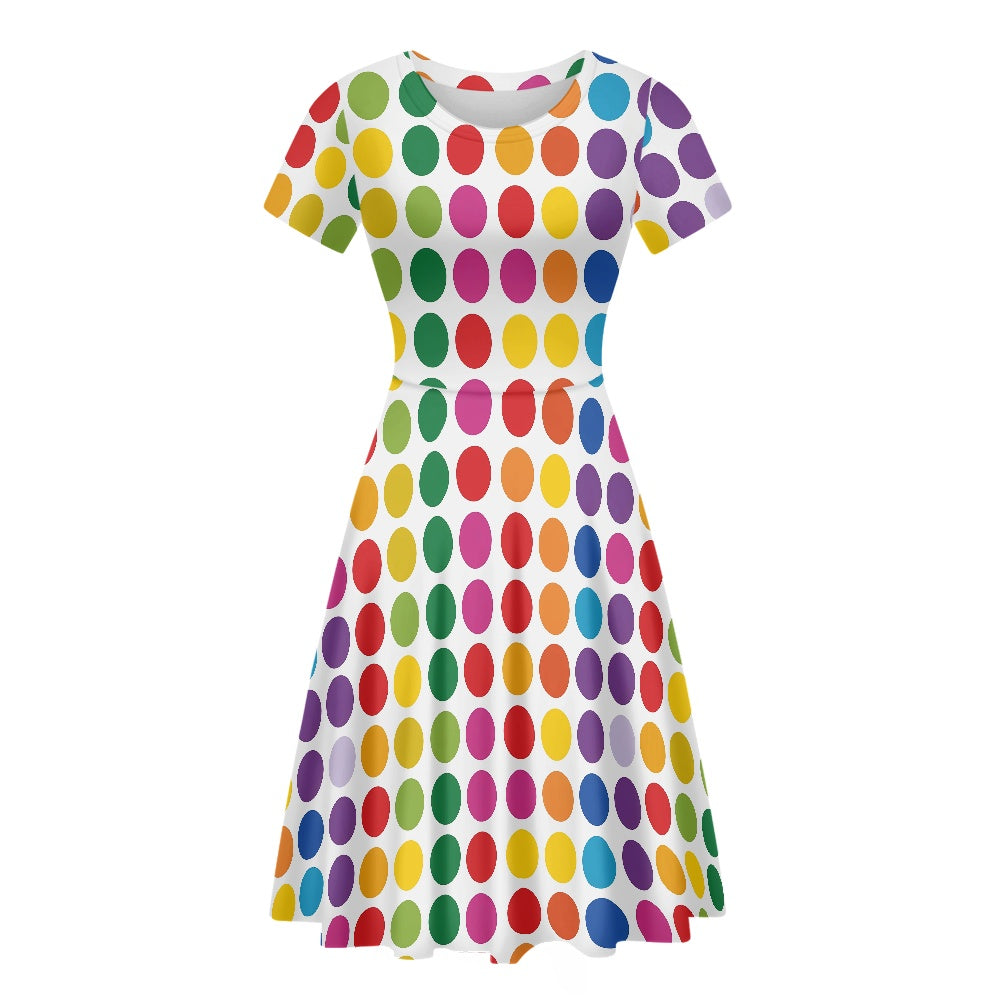 Rainbow Polka Dot Women Scoop Neck Short Sleeve Ruffle Dress