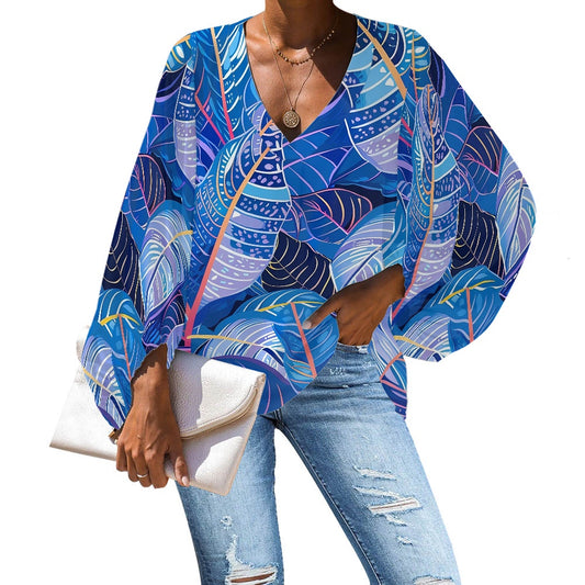 V-Neck Chiffon Puff Sleeve Blouse by Luxtrini 4XL
