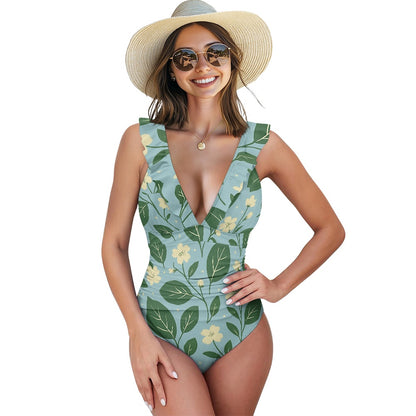 Vintage Garden Bloom One-Piece Swimsuit – Eco Ruffled Plunge Bathing Suit with Lace-Up Back white