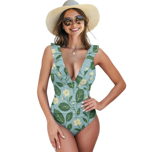 Vintage Garden Bloom One-Piece Swimsuit – Eco Ruffled Plunge Bathing Suit with Lace-Up Back white