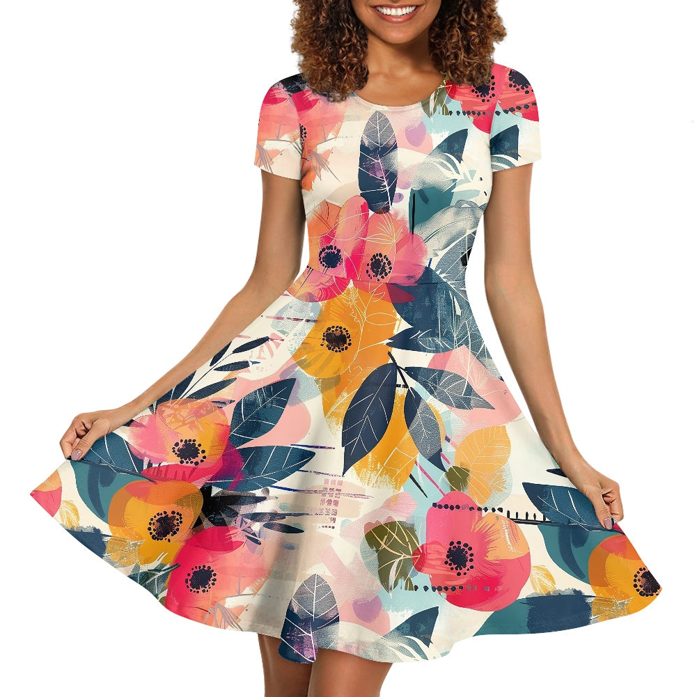 Women Scoop Neck Short Sleeve Ruffle Dress