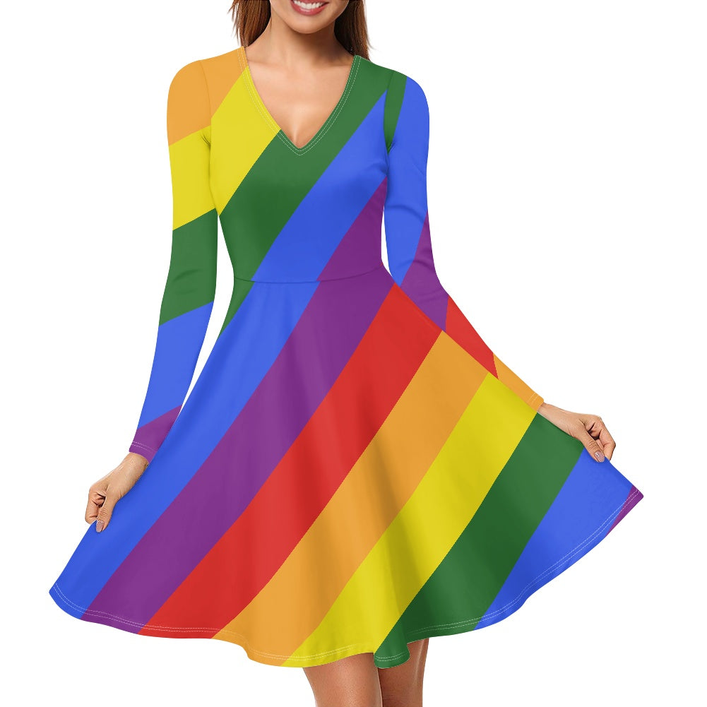 Rainbow V-Neck Long Sleeve Ruffle Dress