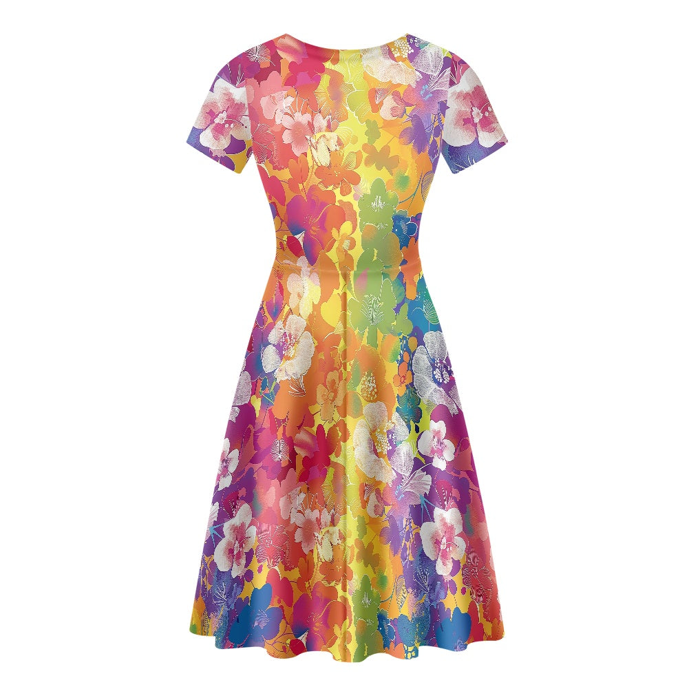 Women Scoop Neck Short Sleeve Ruffle Dress