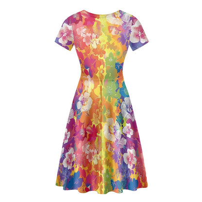 Women Scoop Neck Short Sleeve Ruffle Dress