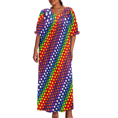 LGBTQ-Friendly Rainbow Polka Dot 
Elegant Loose-Fit Maxi Dress with Half Puff Sleeves, Button-Down Front, and Gathered Yoke – Perfect for Summer by Luxtrini