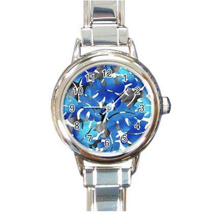 Round Italian Charm Watch Tropical Blues Leaves