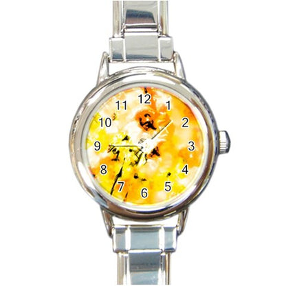 Round Italian Charm Watch Yellow Hibiscus Impressionist