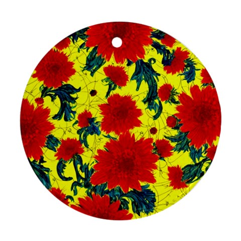 Red Flowers on Yellow Round Ornament (Two Sides)