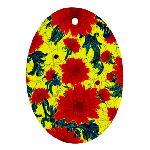 Red Flowers on Yellow Oval Ornament (Two Sides)