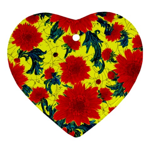 Red Flowers on Yellow Heart Ornament (Two Sides)