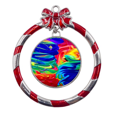 Rainbow Confusion Metal Red Ribbon Round Ornament