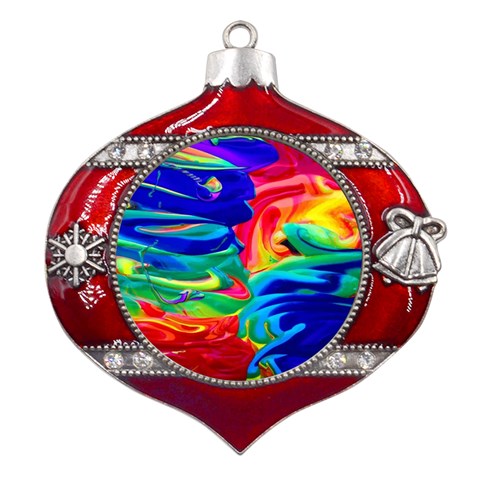 Rainbow Confusion Metal Snowflake And Bell Red Ornament