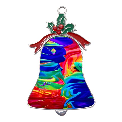 Rainbow Confusion Metal Holly Leaf Bell Ornament