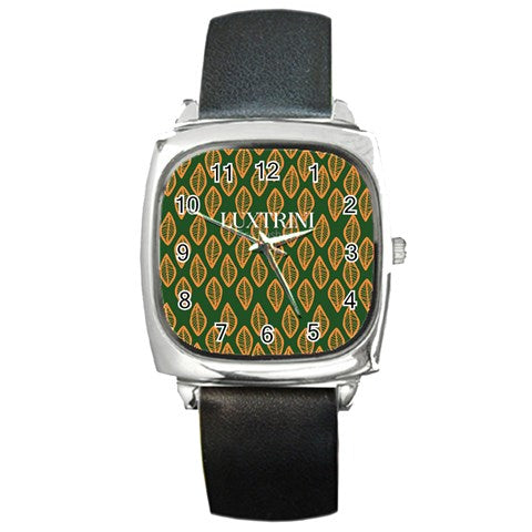 African | Ethnic | Mudcloth | #16 Green and Orange Square Metal Watch