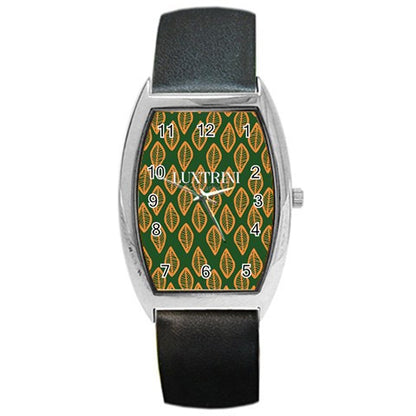 African | Ethnic | Mudcloth | #16 Green and Orange Barrel Style Metal Watch