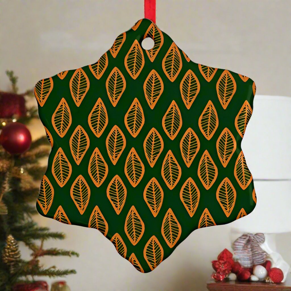 African | Ethnic | Mudcloth | #16 Green and Orange Ornament (Snowflake)