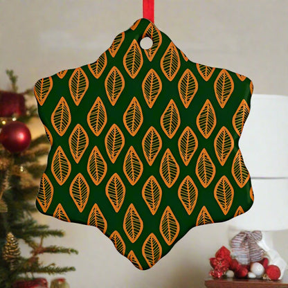 African | Ethnic | Mudcloth | #16 Green and Orange Ornament (Snowflake)